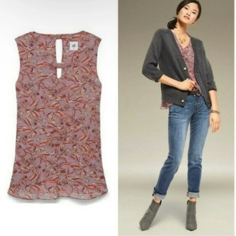CAbi Peplum Novelty Good Luck Crane Print Sleeveless Top